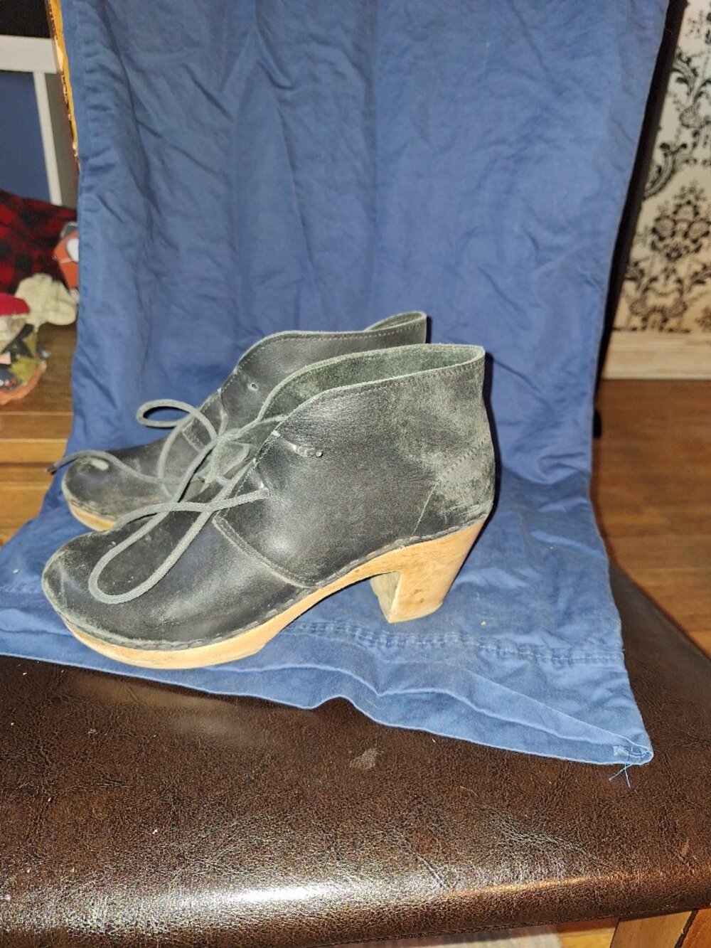 Vintage Black Leather Wooden Heel Ankle Boots